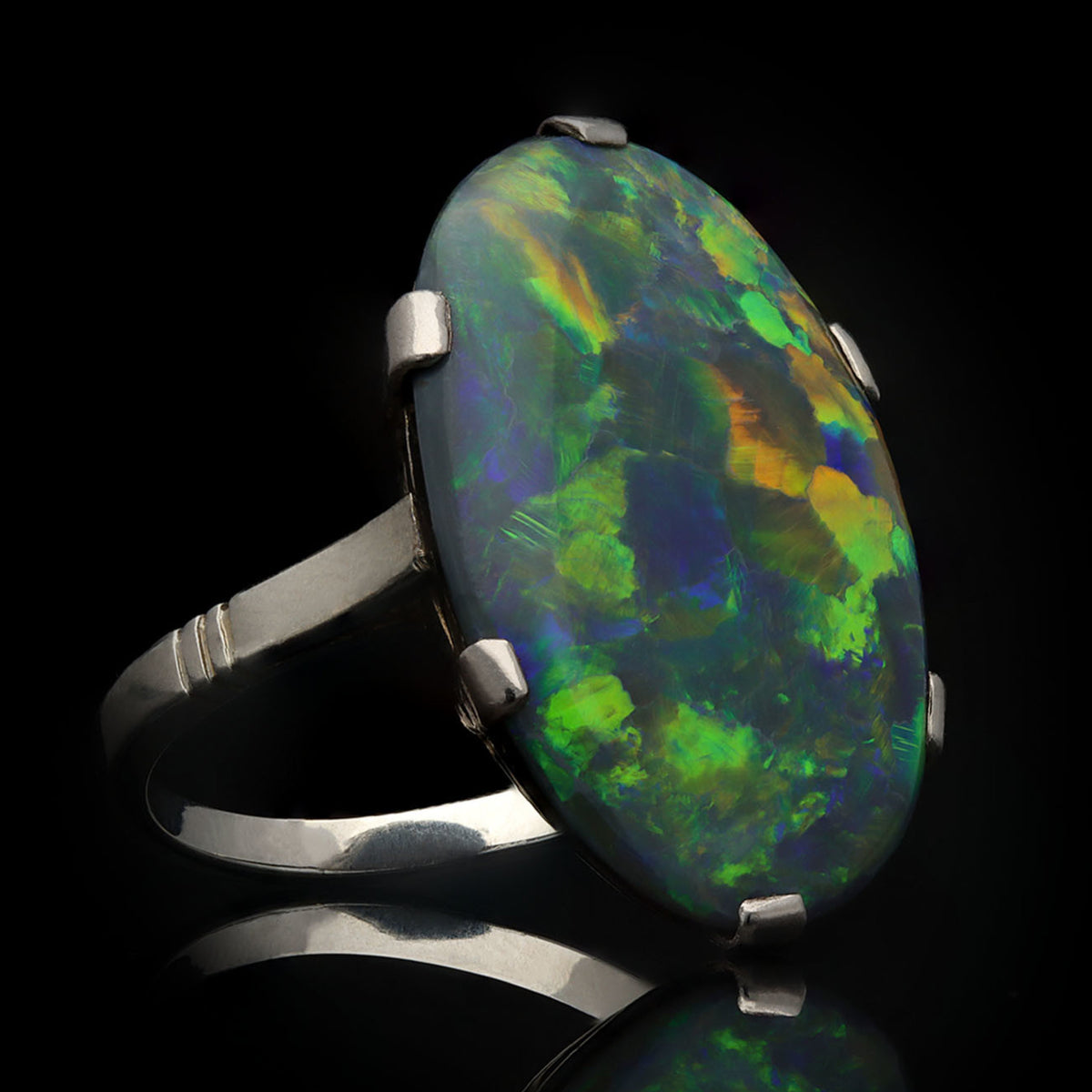 Art Deco Platinum Black Opal Ring side