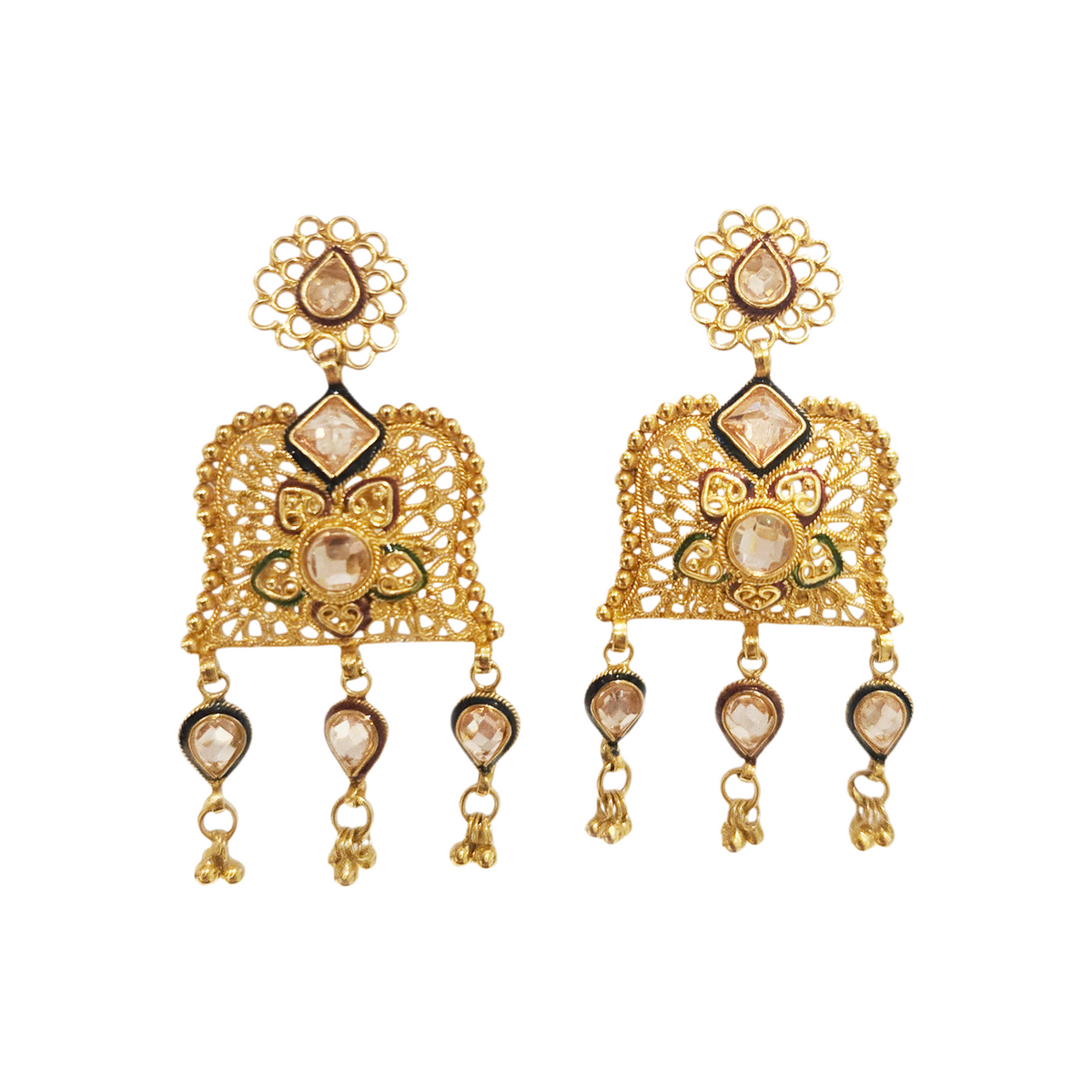 Post-1980s 22KT Yellow Gold Moissanite & Enamel Earrings front