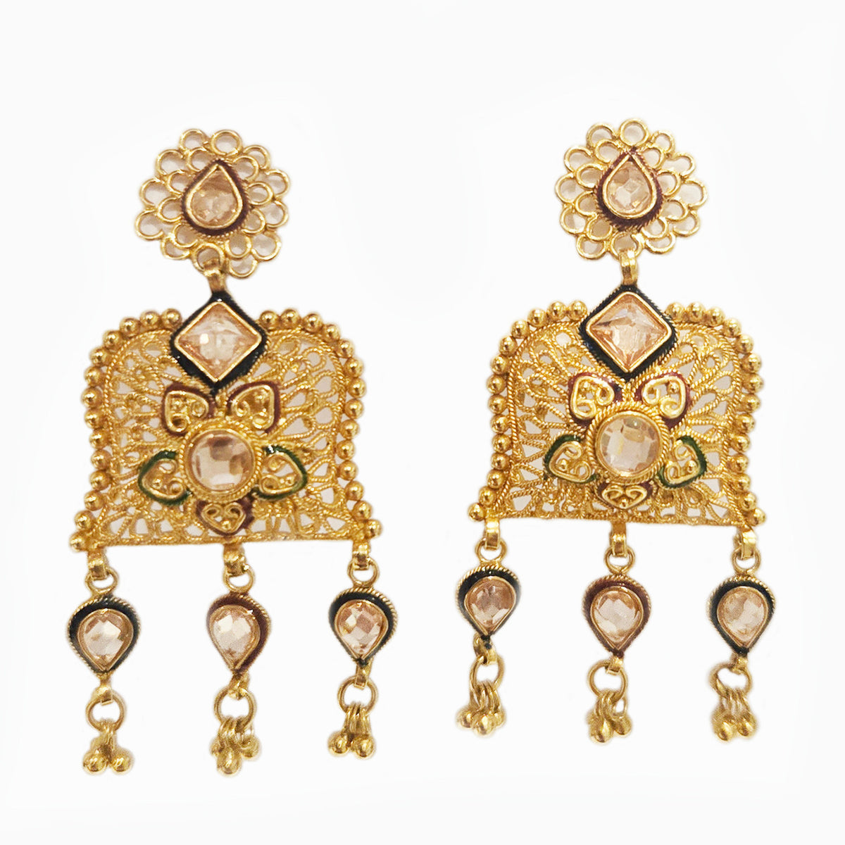 Post-1980s 22KT Yellow Gold Moissanite & Enamel Earrings front