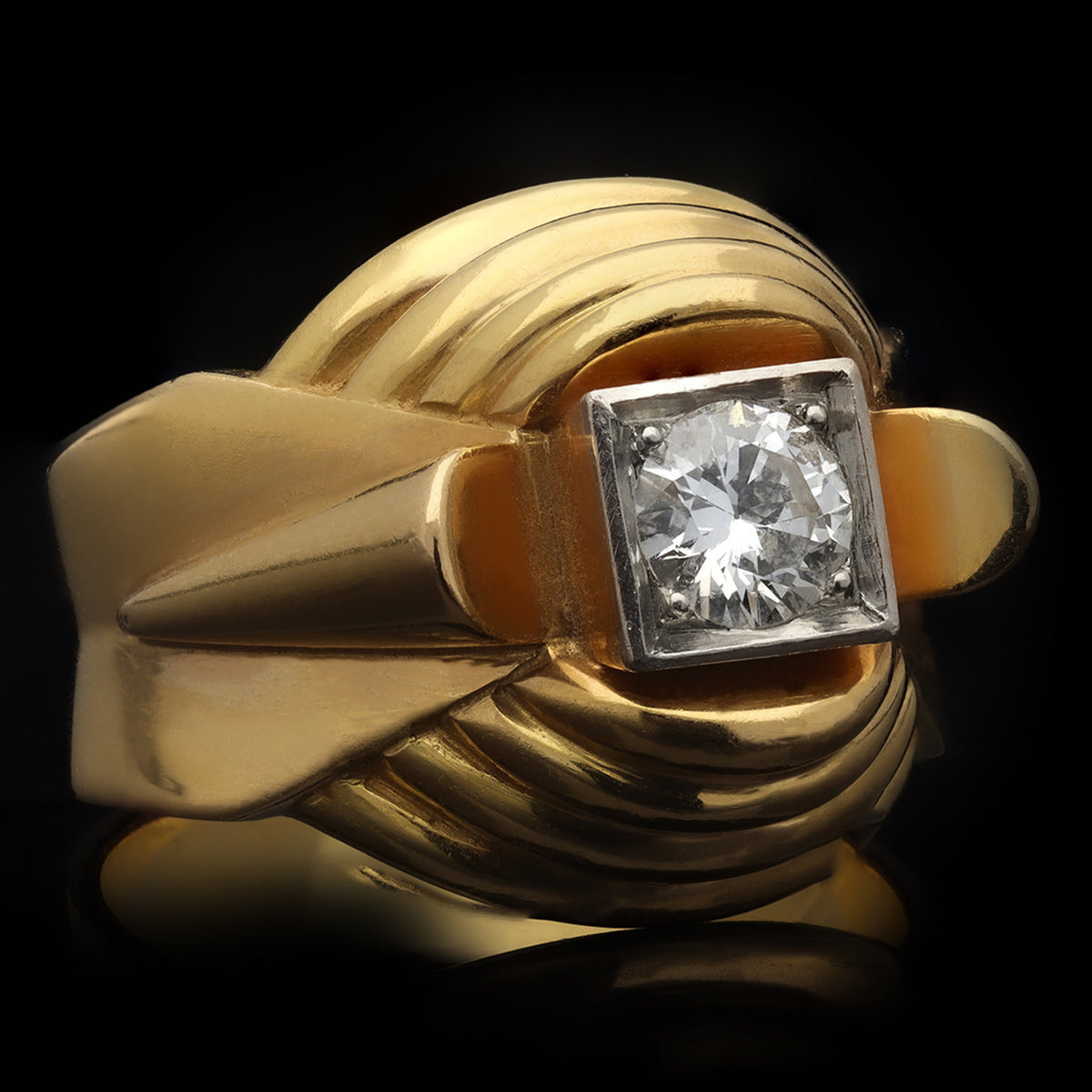 French 1950s Platinum & 18KT Yellow Gold Diamond Ring side