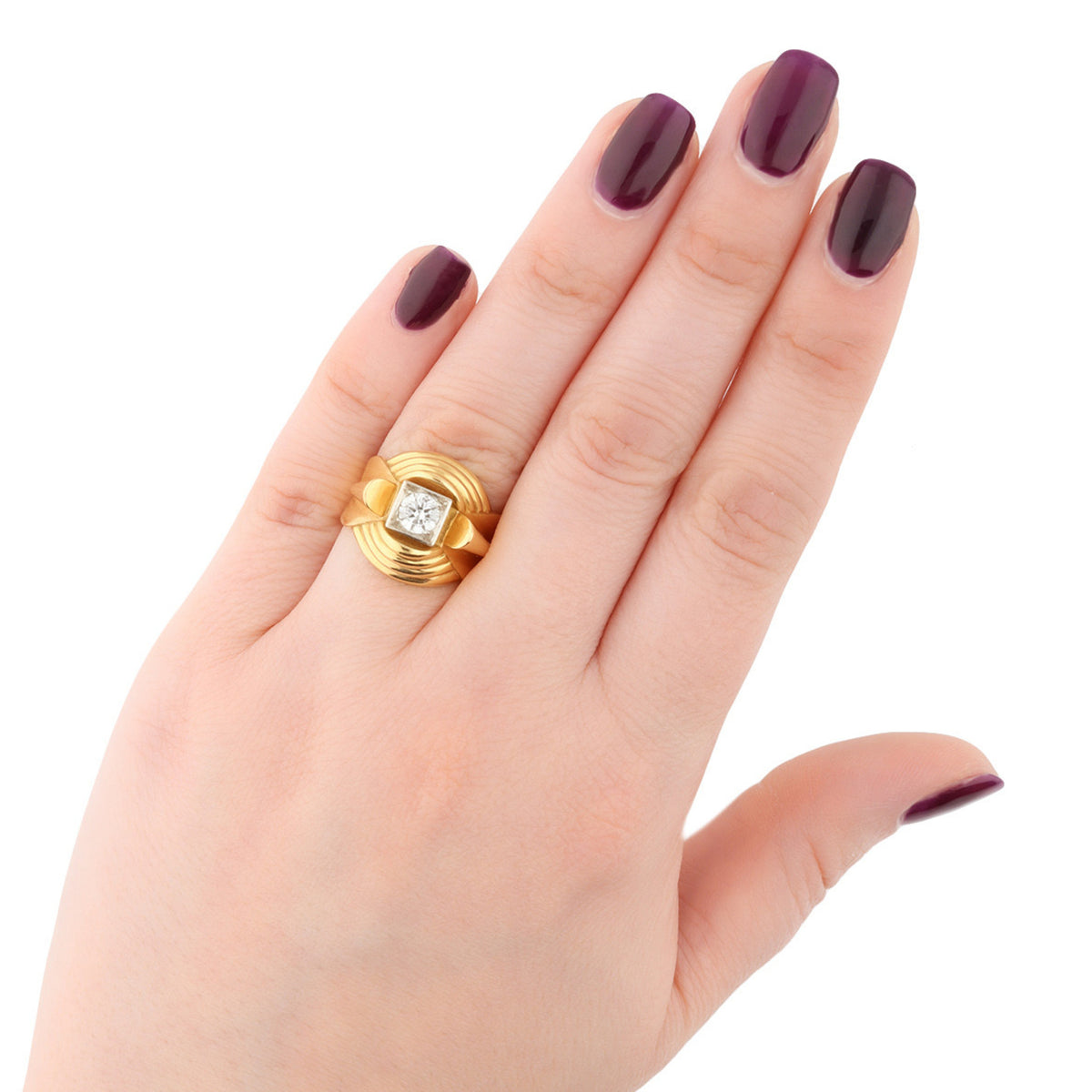 French 1950s Platinum & 18KT Yellow Gold Diamond Ring on finger