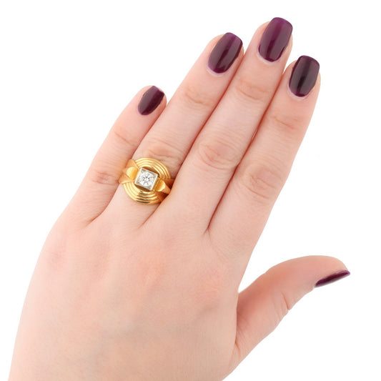 French 1950s Platinum & 18KT Yellow Gold Diamond Ring on finger