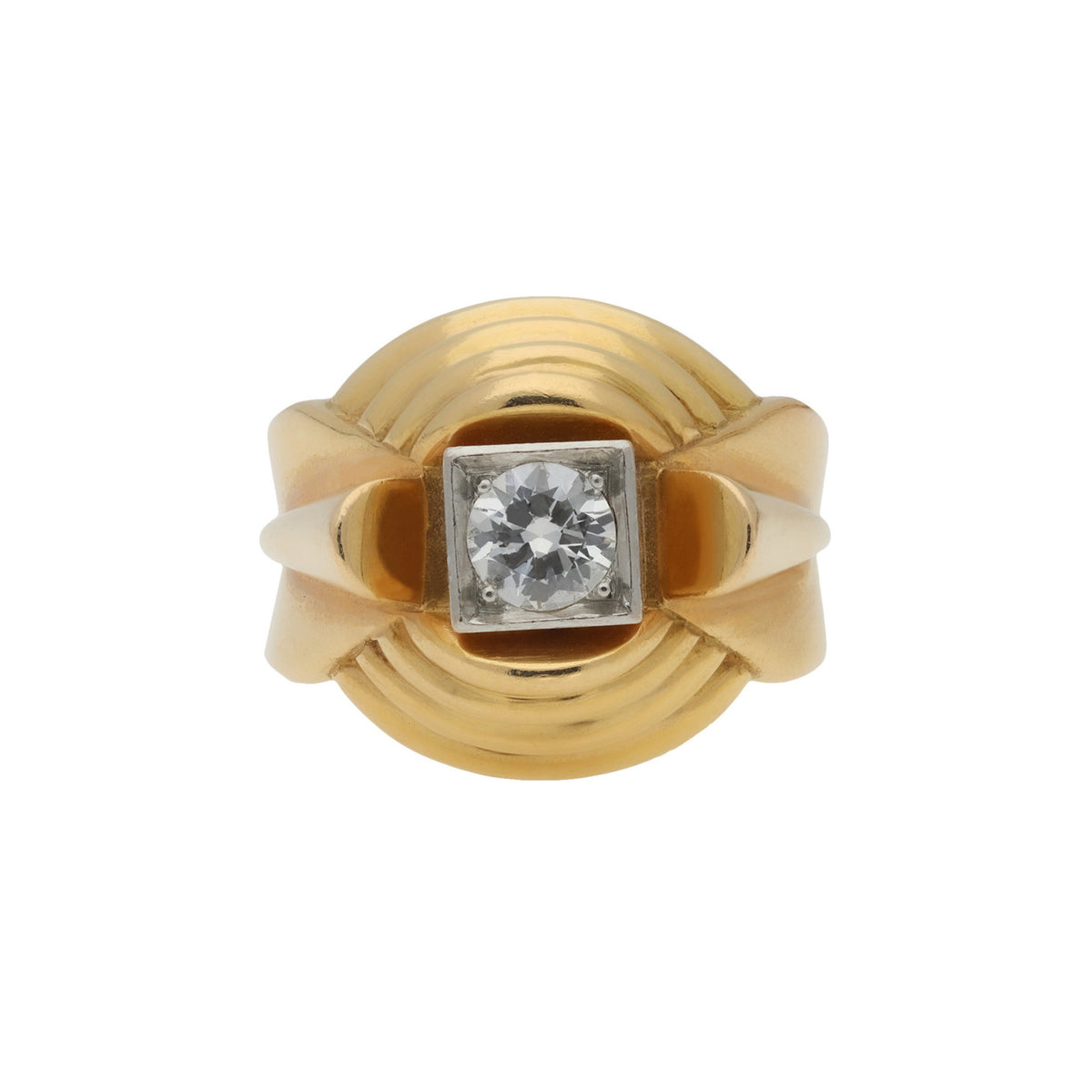 French 1950s Platinum & 18KT Yellow Gold Diamond Ring front