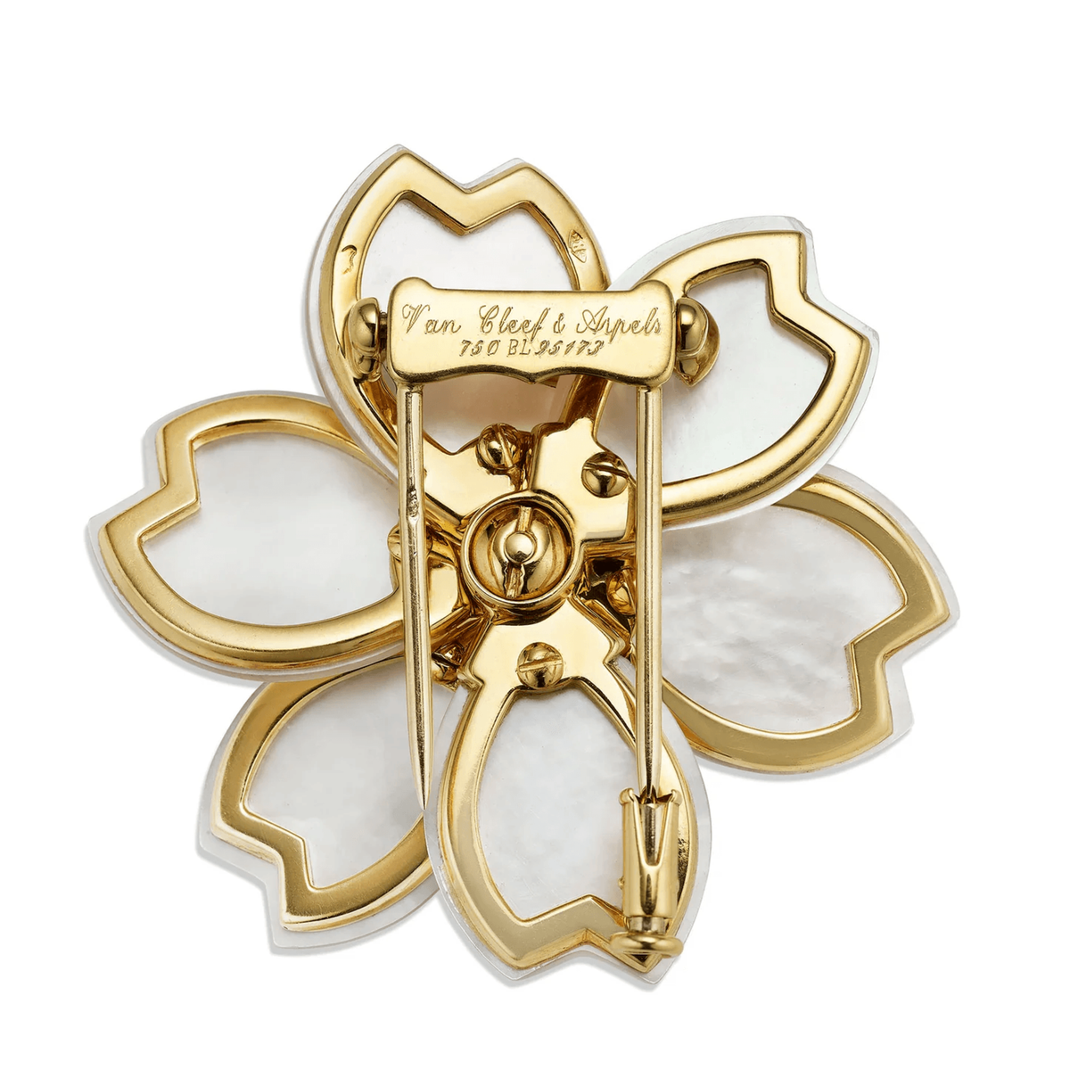 Van Cleef & Arpels Paris Post-1980s 18KT Yellow Gold Diamond & Mother of Pearl Rose de Noël Brooch back