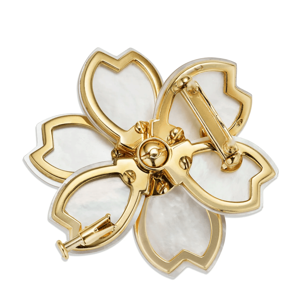 Van Cleef & Arpels Paris Post-1980s 18KT Yellow Gold Diamond & Mother of Pearl Rose de Noël Brooch back