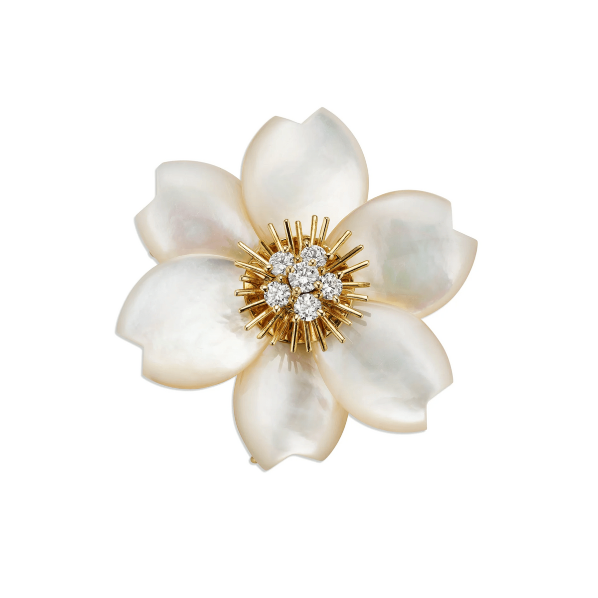 Van Cleef & Arpels Paris Post-1980s 18KT Yellow Gold Diamond & Mother of Pearl Rose de Noël Brooch front