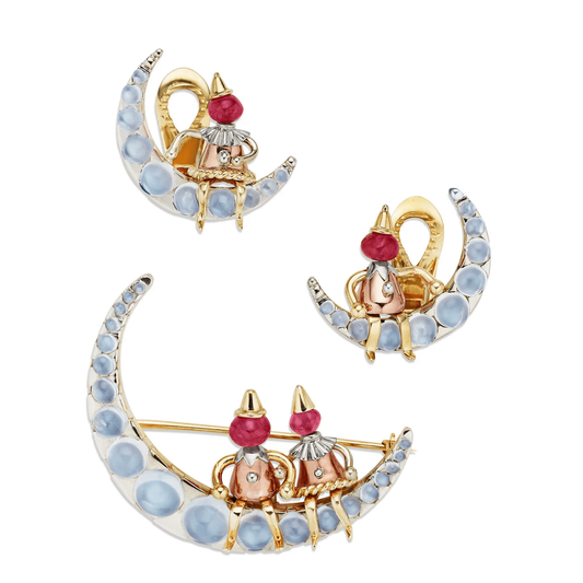 J.E. Caldwell 1940s 14KT Rose, White & Yellow Gold Moonstone & Ruby Set front