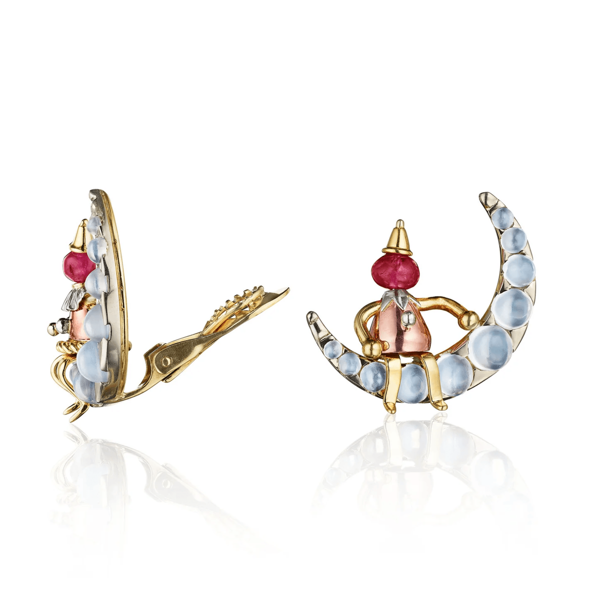 J.E. Caldwell 1940s 14KT Rose, White & Yellow Gold Moonstone & Ruby Set