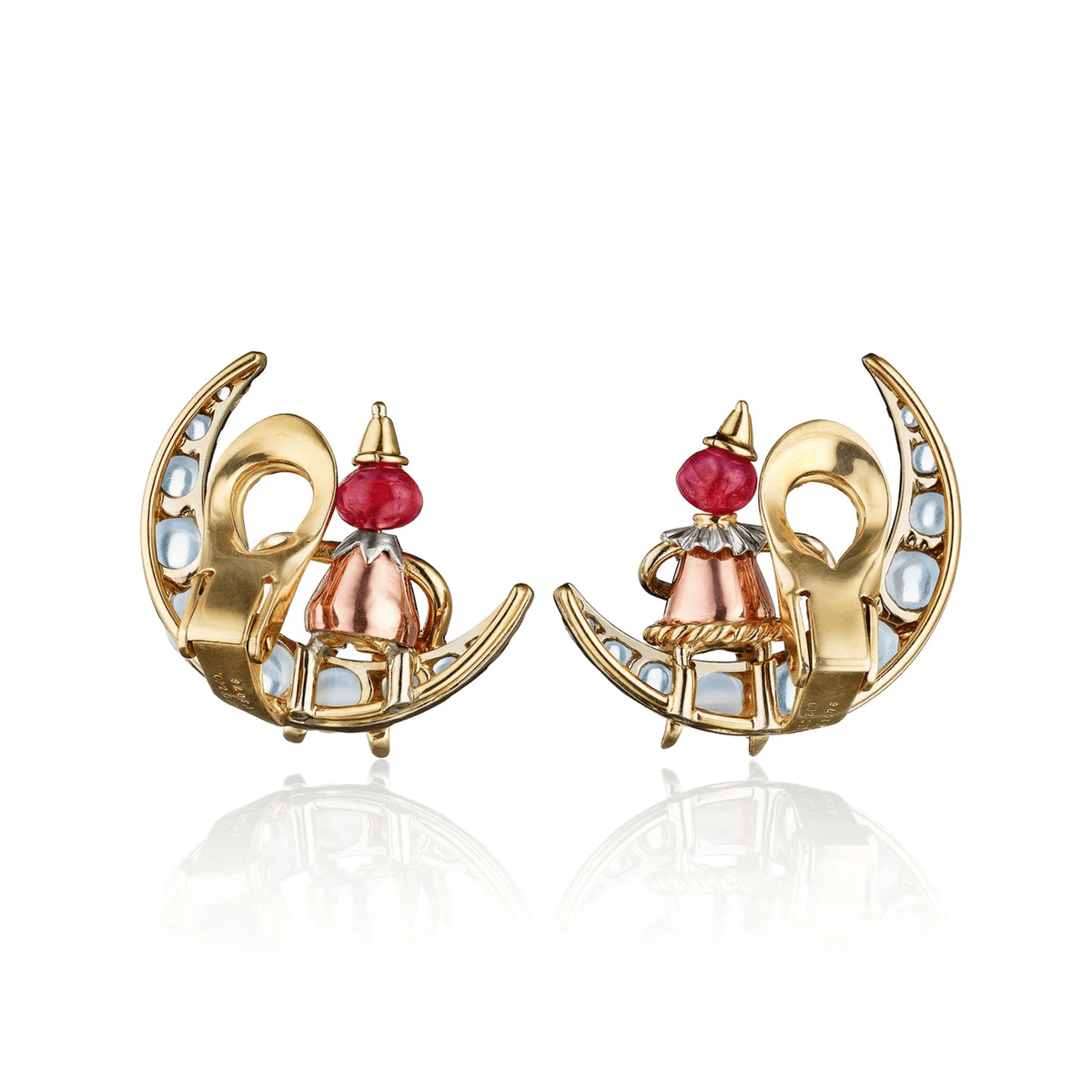 J.E. Caldwell 1940s 14KT Rose, White & Yellow Gold Moonstone & Ruby Set back