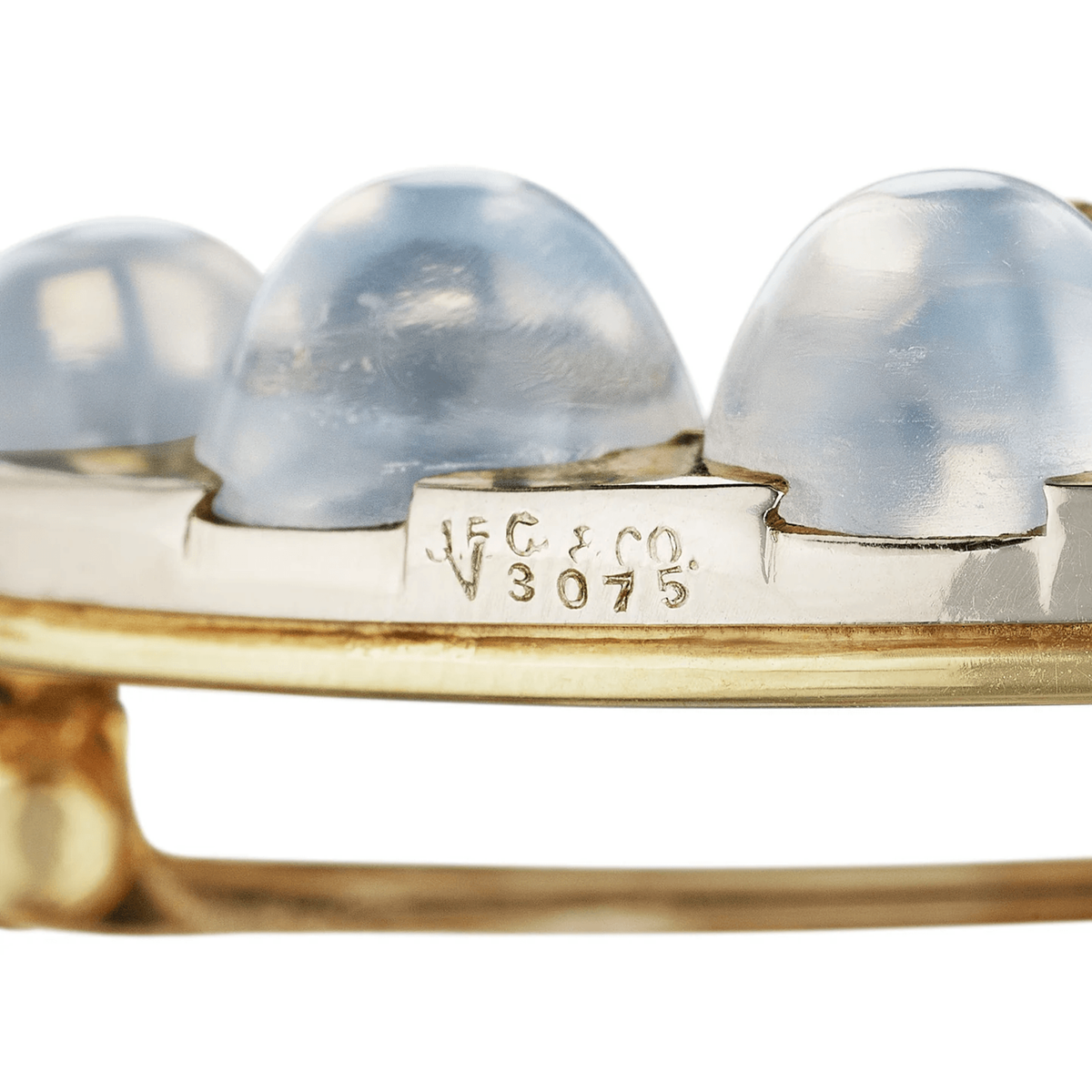 J.E. Caldwell 1940s 14KT Rose, White & Yellow Gold Moonstone & Ruby Set signature