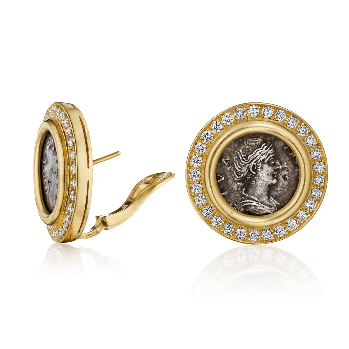 Bulgari 1980s 18KT Yellow Gold Silver Coin & Diamond Monete Earrings side