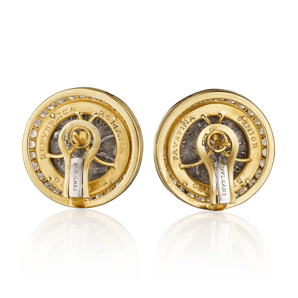 Bulgari 1980s 18KT Yellow Gold Silver Coin & Diamond Monete Earrings back