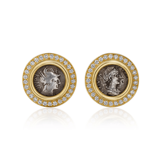 Bulgari 1980s 18KT Yellow Gold Silver Coin & Diamond Monete Earrings front