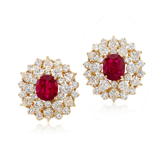 1950s 18KT Yellow Gold Ruby & Diamond Earrings front