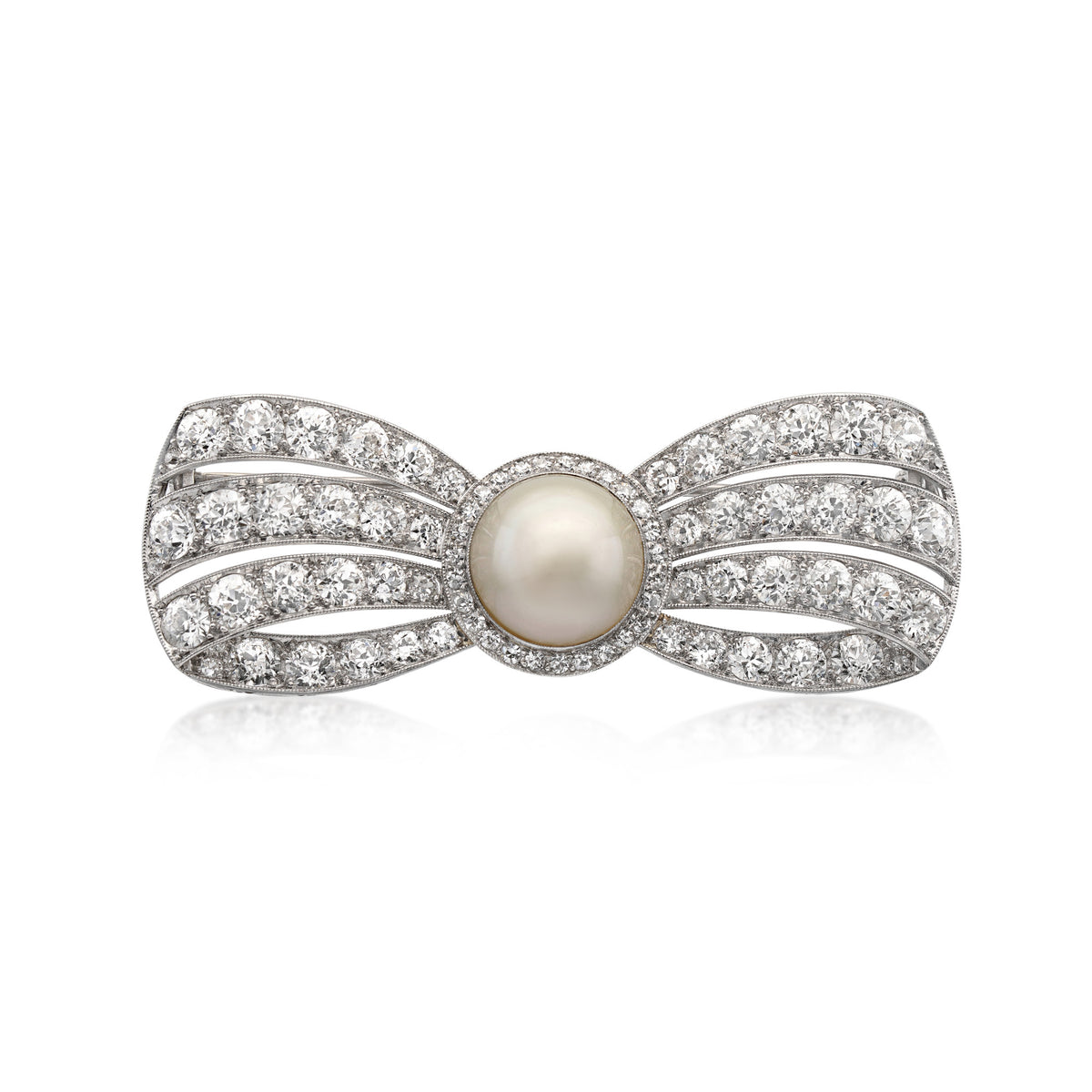 Cartier Art Deco Platinum Cultured Pearl & Diamond Bow Brooch front