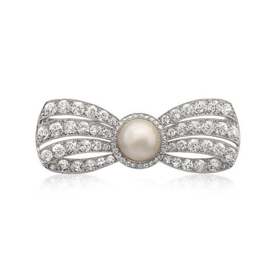 Cartier Art Deco Platinum Cultured Pearl & Diamond Bow Brooch front