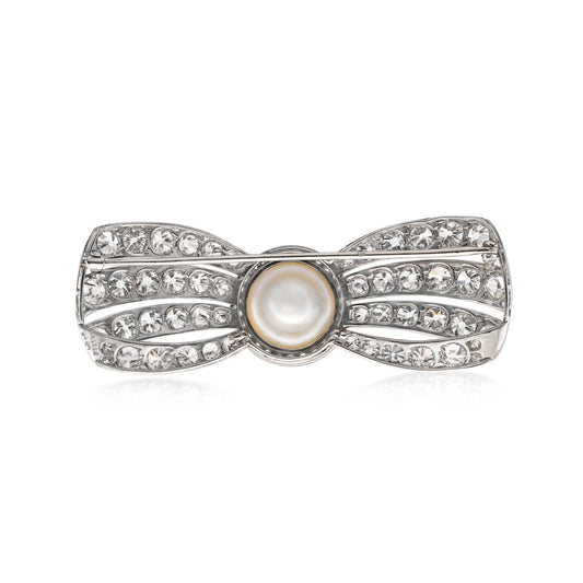 Cartier Art Deco Platinum Cultured Pearl & Diamond Bow Brooch back