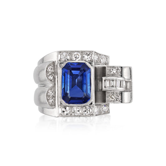 1930s Platinum Sapphire & Diamond Ring front