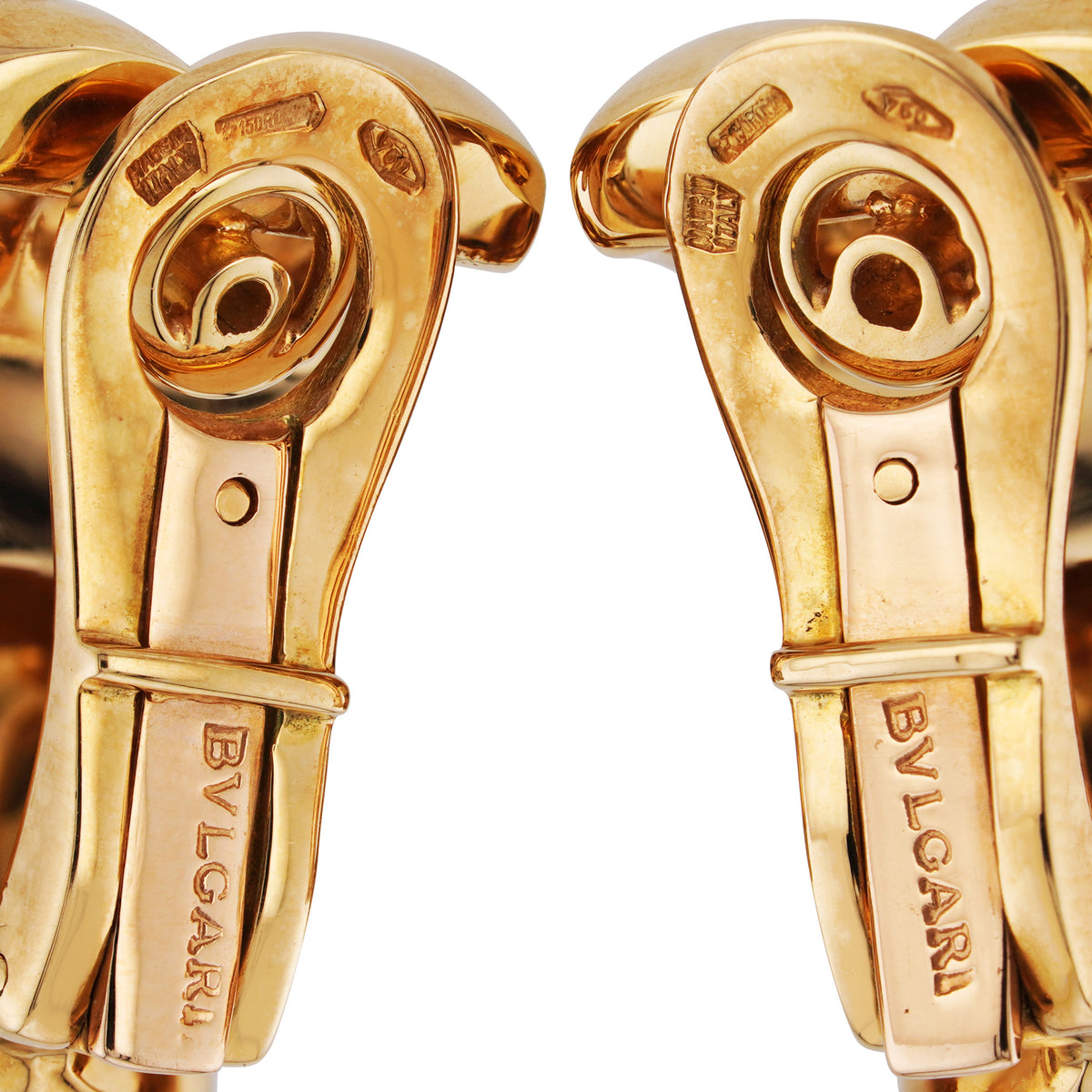 Bulgari 1980s 18KT Yellow Gold Cultured Pearl Earrings signature