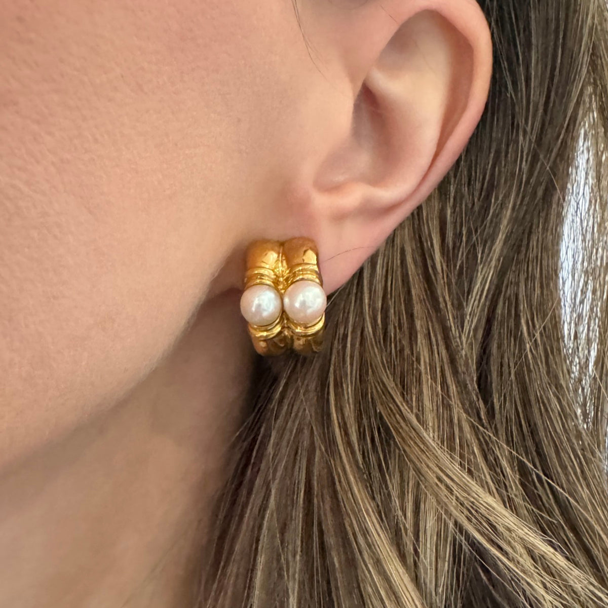 Bulgari 1980s 18KT Yellow Gold Cultured Pearl Earrings on ear