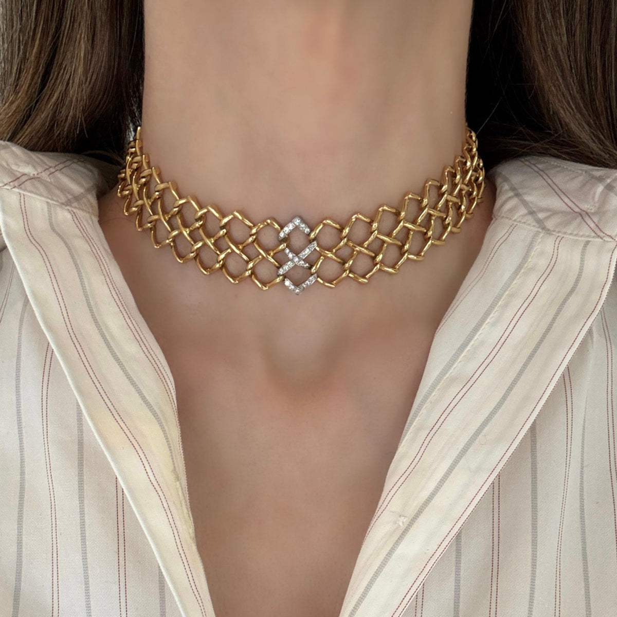 Tiffany & Co. 1980s 18KT Yellow Gold Diamond Necklace on neck