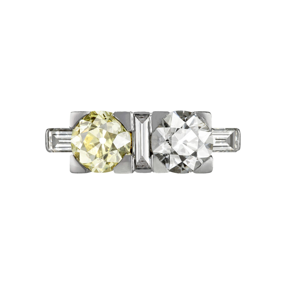 Gübelin Art Deco 18KT White Gold Diamond & Yellow Diamond Ring front