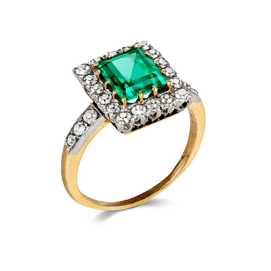 Edwardian 18KT Yellow Gold Emerald & Diamond Ring profile