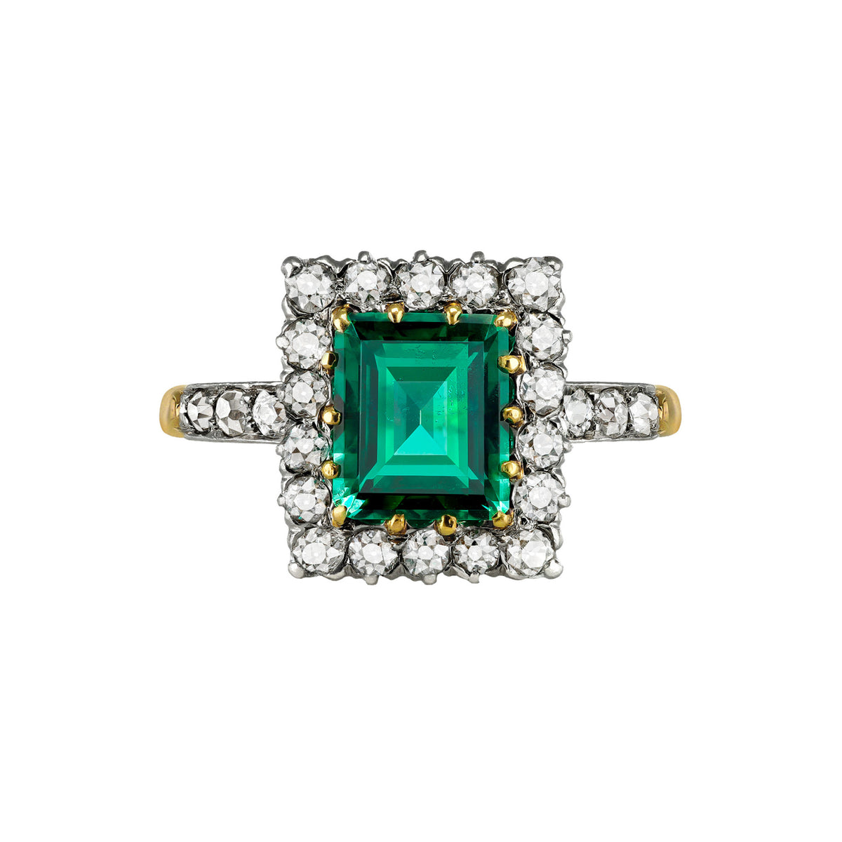 Edwardian 18KT Yellow Gold Emerald & Diamond Ring front