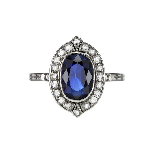 French Edwardian Platinum Sapphire & Diamond Ring front