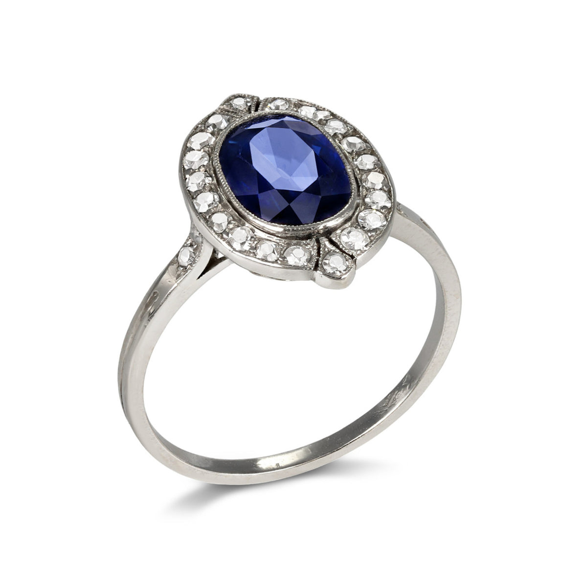 French Edwardian Platinum Sapphire & Diamond Ring profile