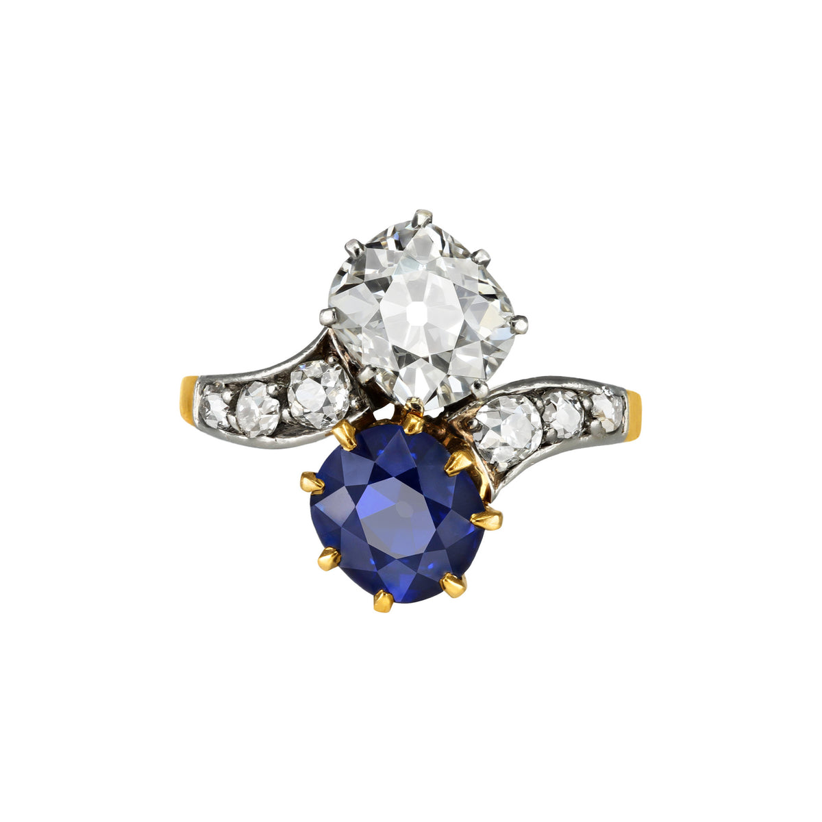 French Edwardian Platinum & 18KT Yellow Gold Sapphire & Diamond Ring front