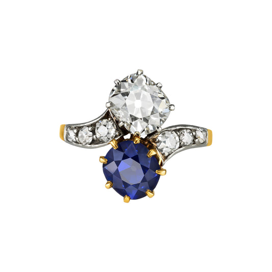 French Edwardian Platinum & 18KT Yellow Gold Sapphire & Diamond Ring front