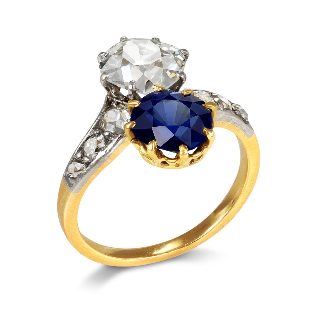 French Edwardian Platinum & 18KT Yellow Gold Sapphire & Diamond Ring profile