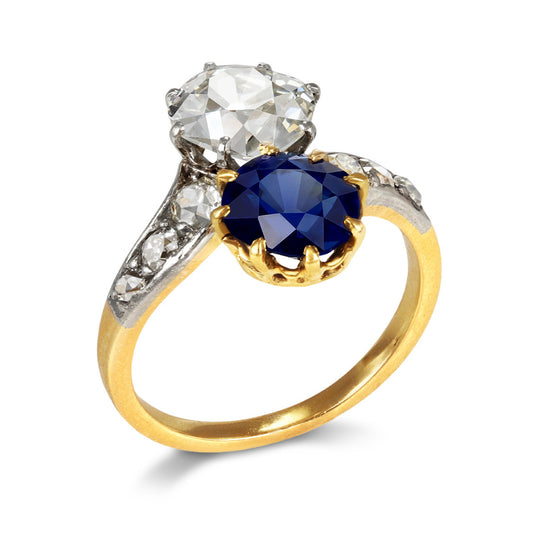 French Edwardian Platinum & 18KT Yellow Gold Sapphire & Diamond Ring profile