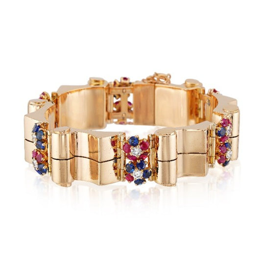 Retro 14KT Yellow Gold Diamond, Ruby & Sapphire Bracelet front