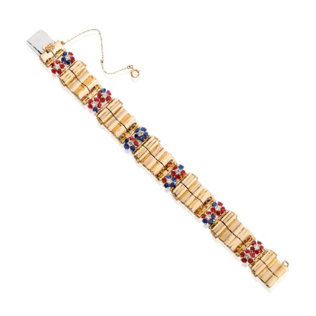 Retro 14KT Yellow Gold Diamond, Ruby & Sapphire Bracelet front