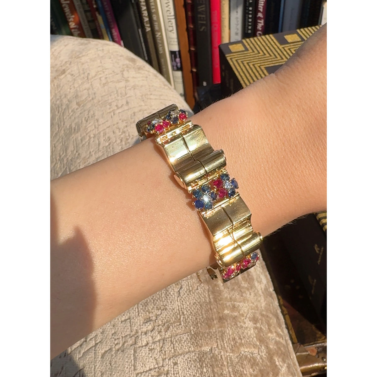 Retro 14KT Yellow Gold Diamond, Ruby & Sapphire Bracelet on wrist