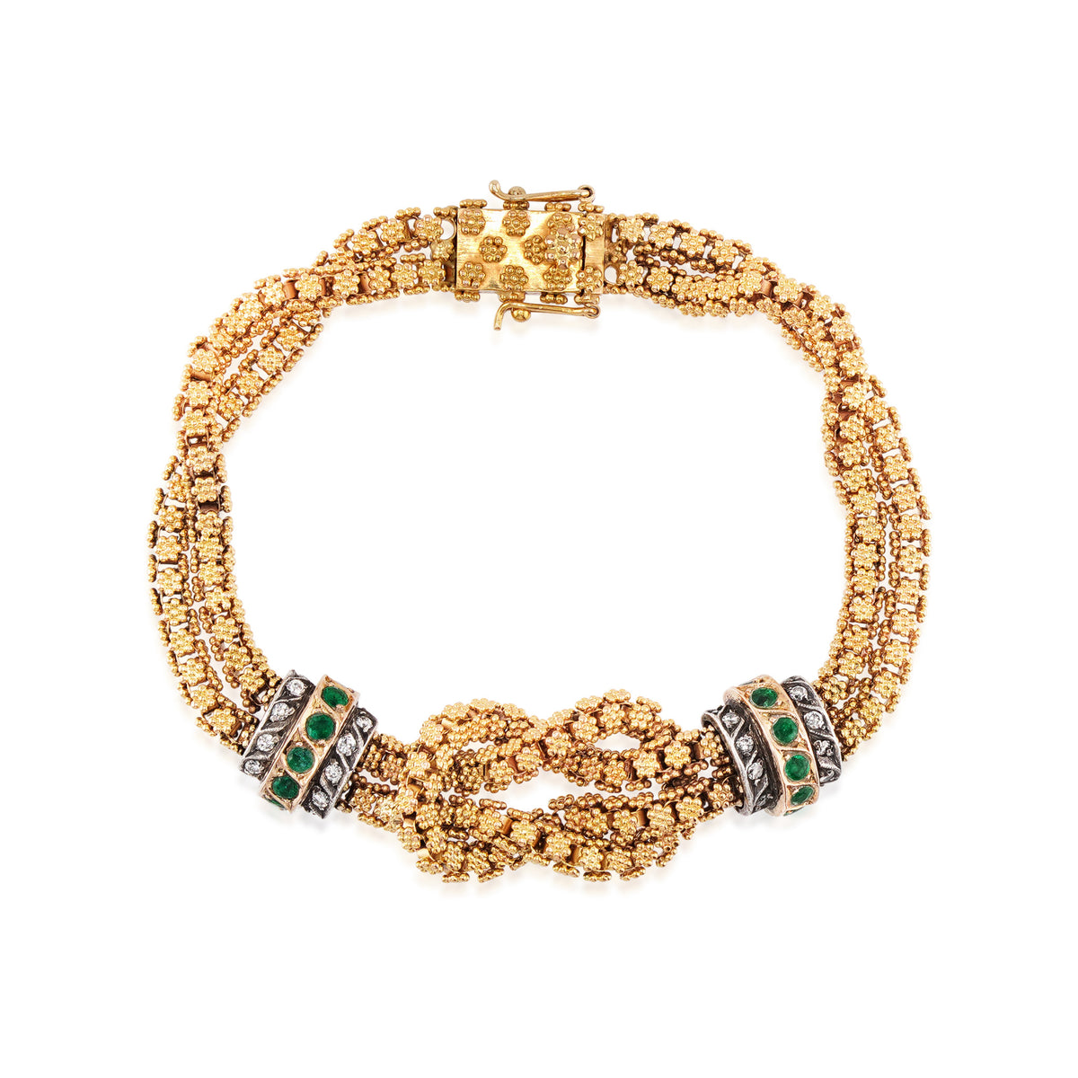 1980s 18KT Yellow Gold Diamond & Emerald Knot Bracelet front
