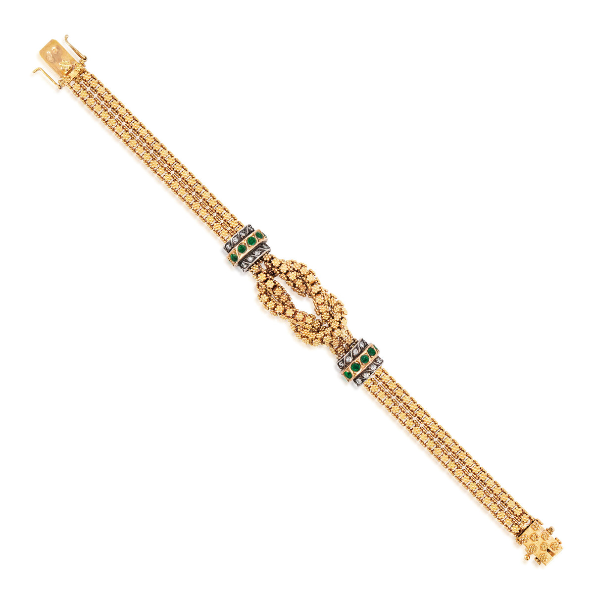 1980s 18KT Yellow Gold Diamond & Emerald Knot Bracelet front