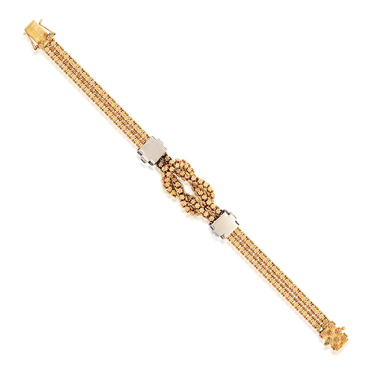 1980s 18KT Yellow Gold Diamond & Emerald Knot Bracelet back