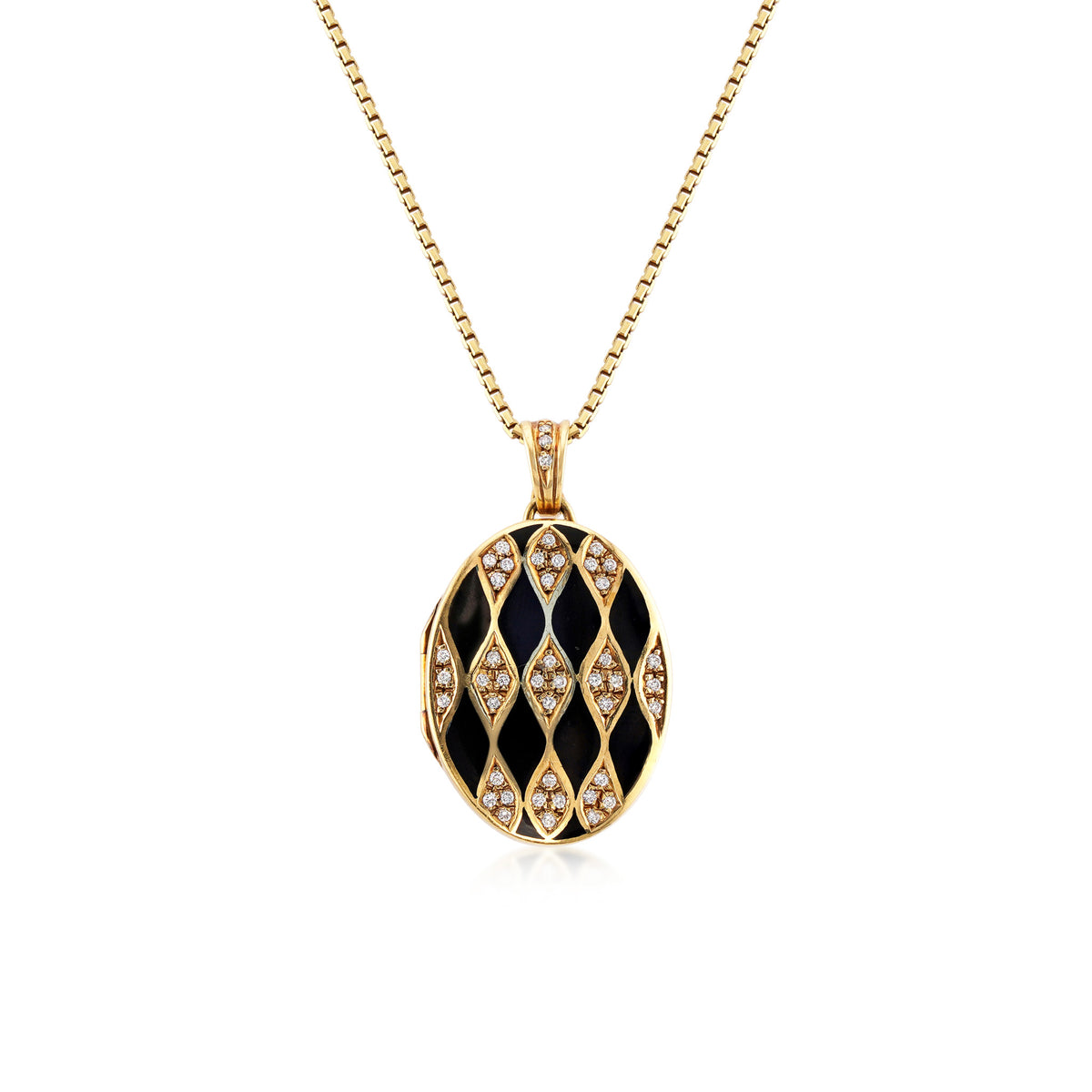 1960s 18KT Yellow Gold Diamond & Enamel Locket Necklace front