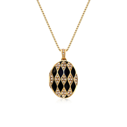 1960s 18KT Yellow Gold Diamond & Enamel Locket Necklace front