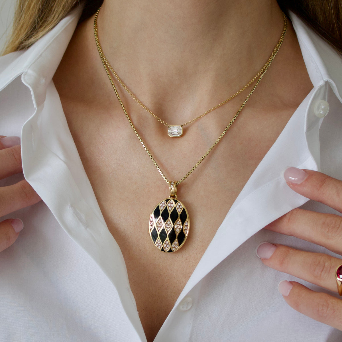 1960s 18KT Yellow Gold Diamond & Enamel Locket Necklace on neck