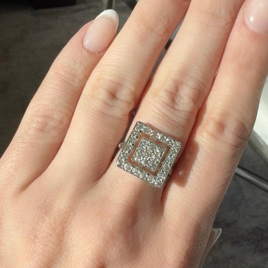 Art Deco Platinum Diamond Ring on finger