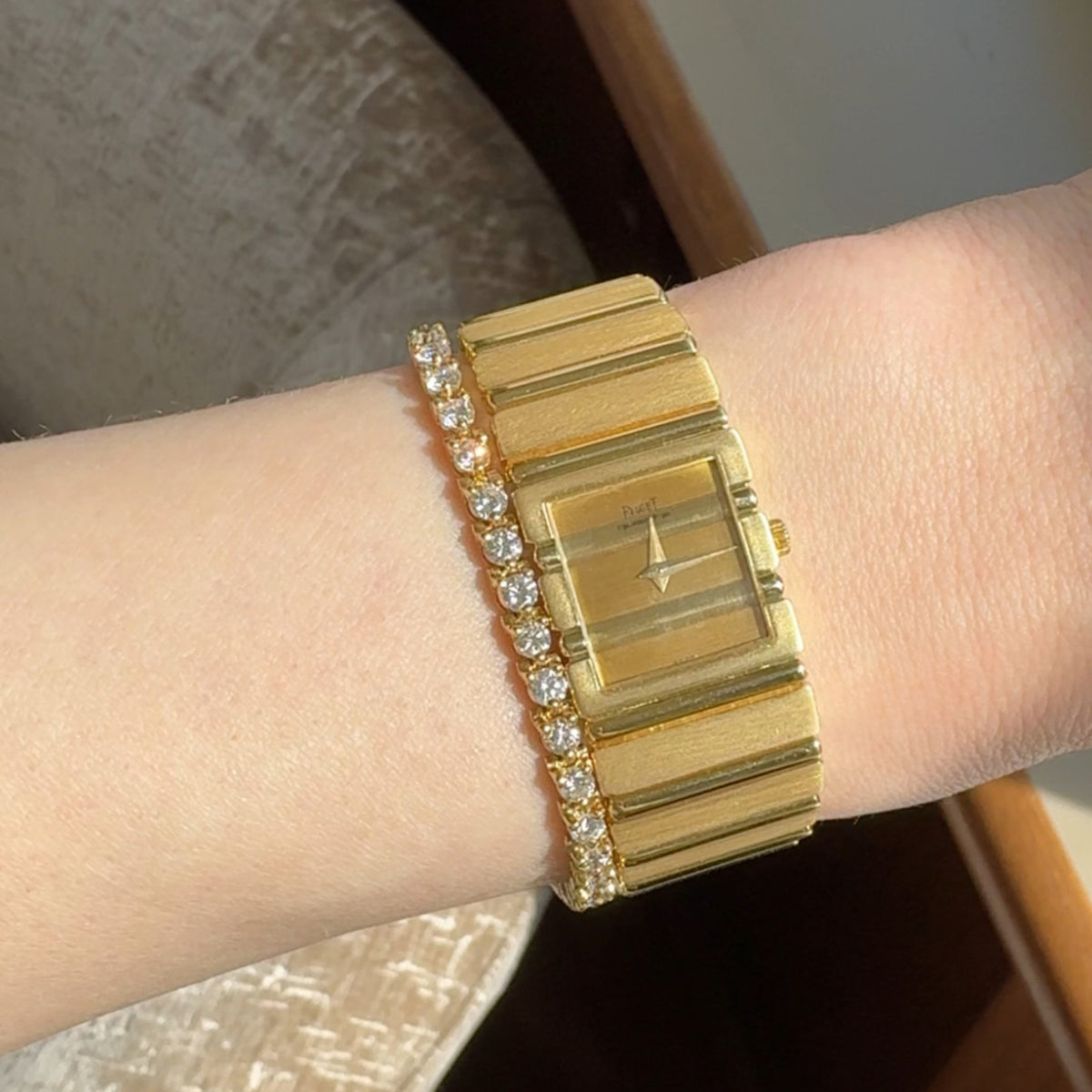 Post-1980s 18KT Yellow Gold Diamond Bracelet on wrist