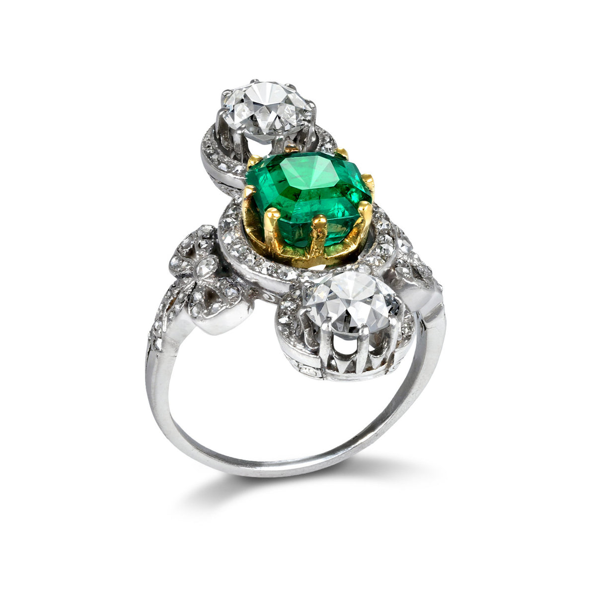 Edwardian Platinum & 18KT Yellow Gold Emerald & Diamond Ring side