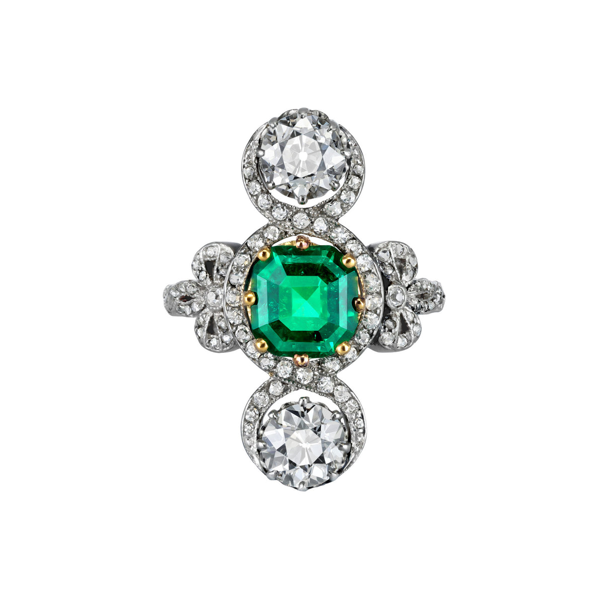 Edwardian Platinum & 18KT Yellow Gold Emerald & Diamond Ring front