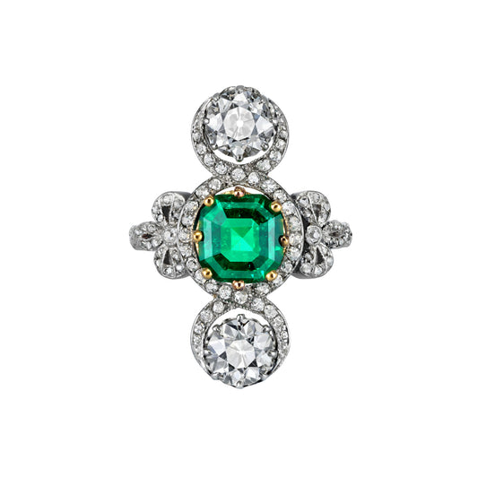 Edwardian Platinum & 18KT Yellow Gold Emerald & Diamond Ring front