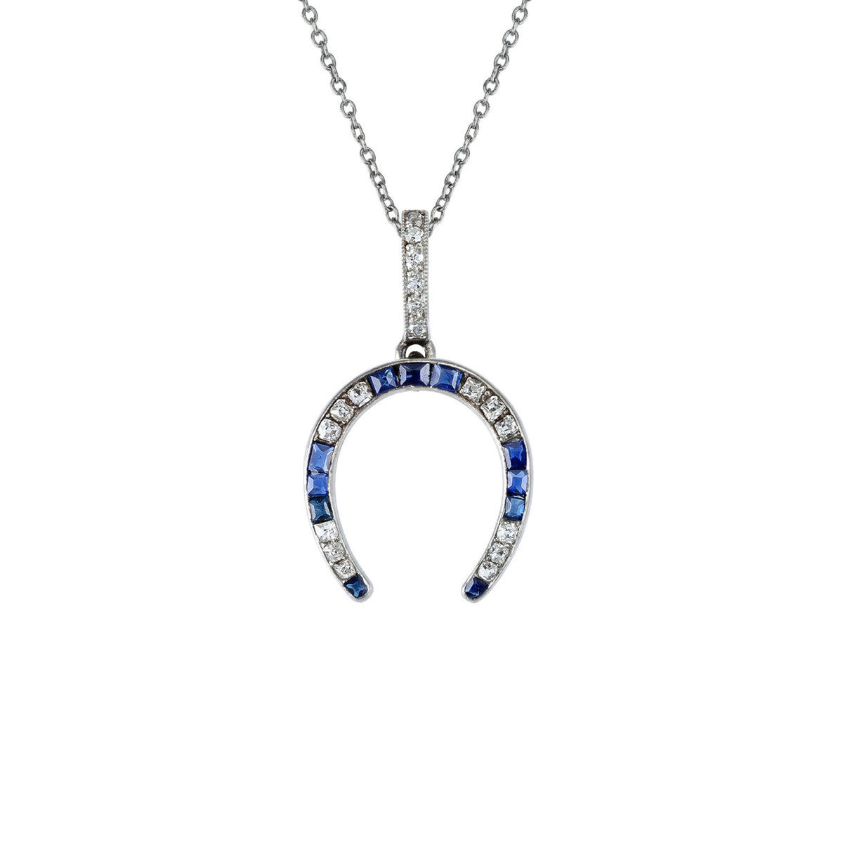Lacloche Freres Paris Art Deco Platinum Sapphire & Diamond Horseshoe Necklace front