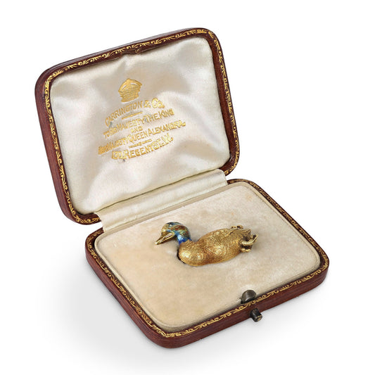Victorian 18KT Yellow Gold Enamel Duck Brooch in box